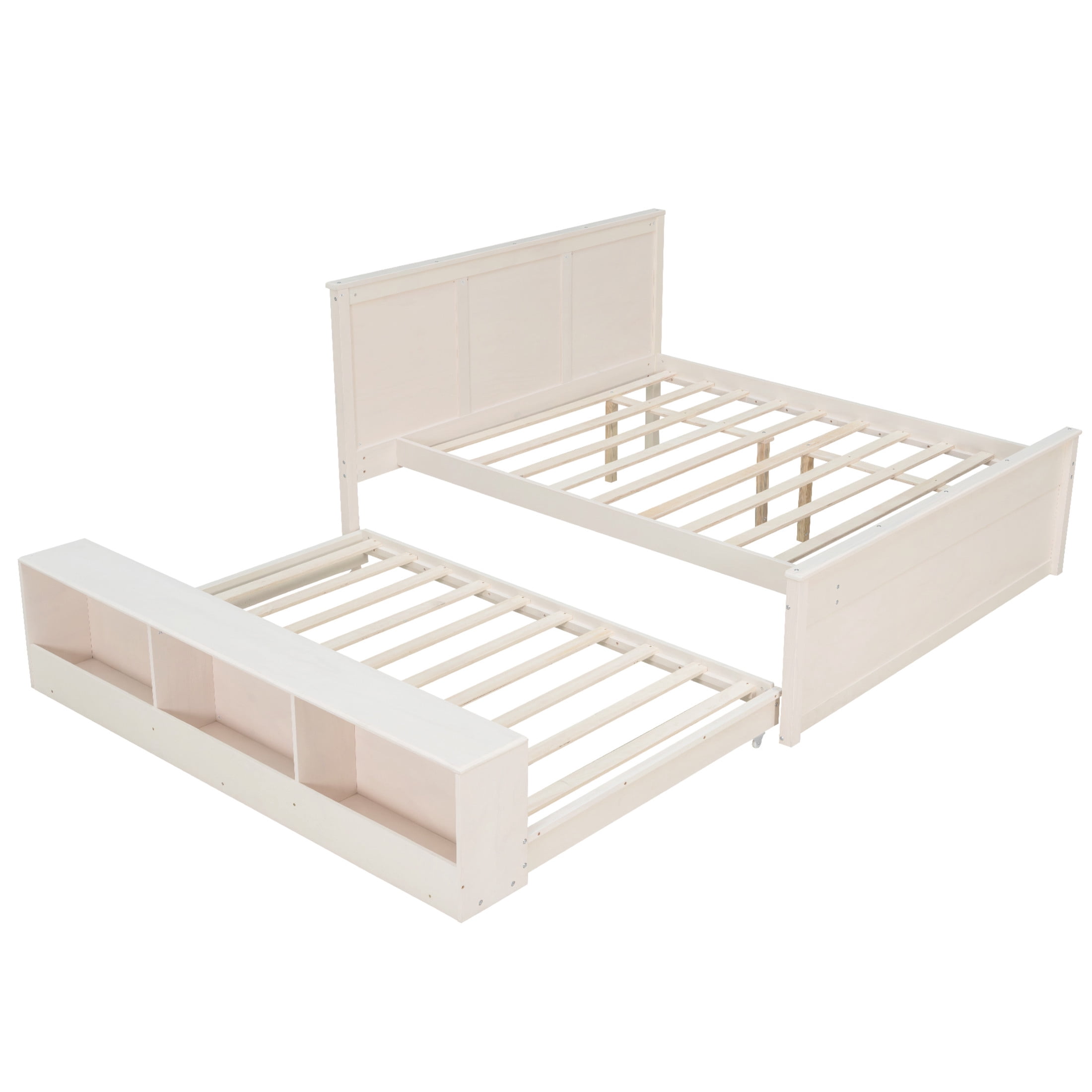 Noble House Brevon Full Size Extendable Platform Bed with Built-in Storage Cabinet, Pine Wood Frame, Cream White
