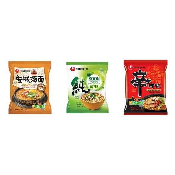 3 Pack Korean NongShim Gourmet Spicy Shin Instant Ramen Noodle, 3 Flavors(Ansung,Soon Veggie,shin red) Plus NineChef Brand Long Handle Coffee Spoon