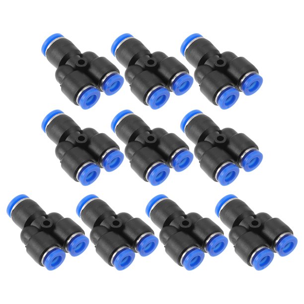 Conectores de aire de empuje 5/16"x1/4"x1/4" tipo Y, conector rápido de línea de aire de plástico, 10 piezas, tono azul, negro y plateado.