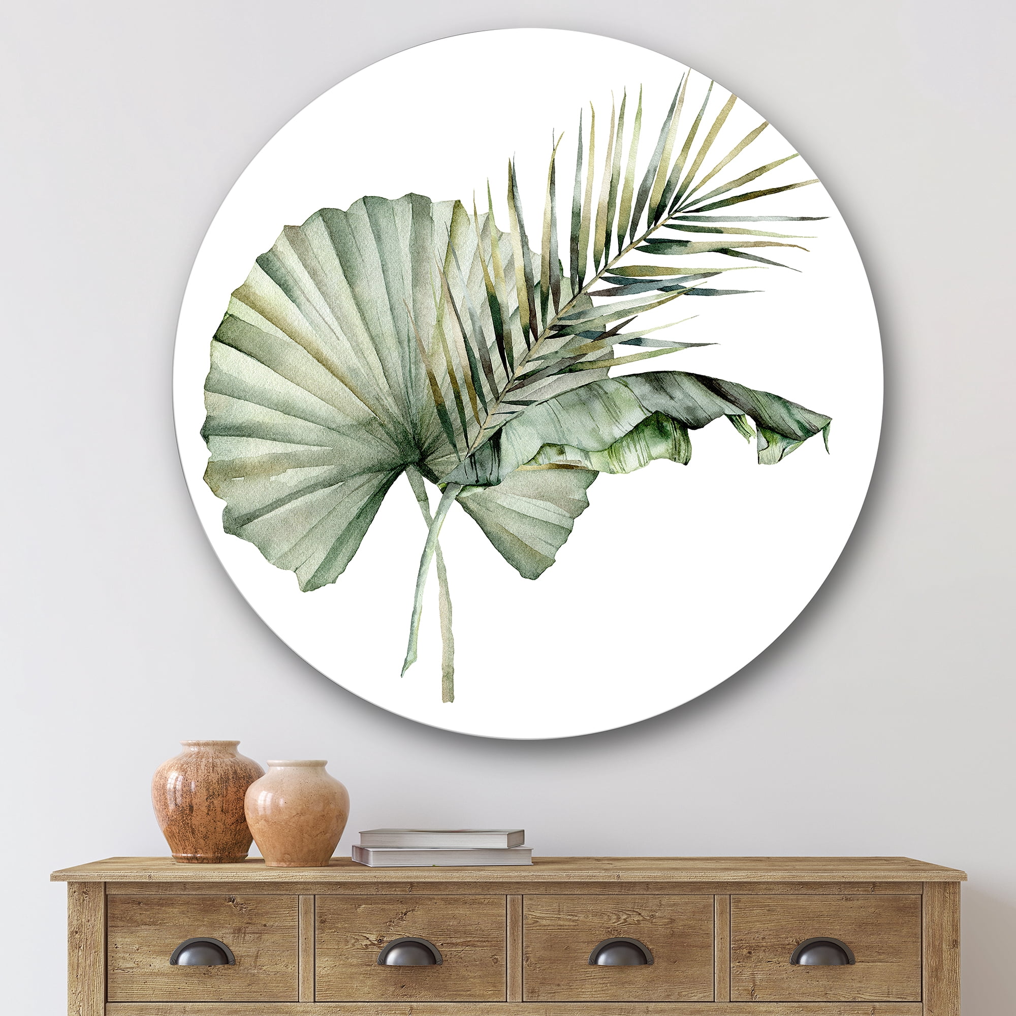 Designart 'Tropical Bouquet With Banana Coconut and Palm Leaves' Traditional Circle Metal Wall Art 36x36 - Disc of 36