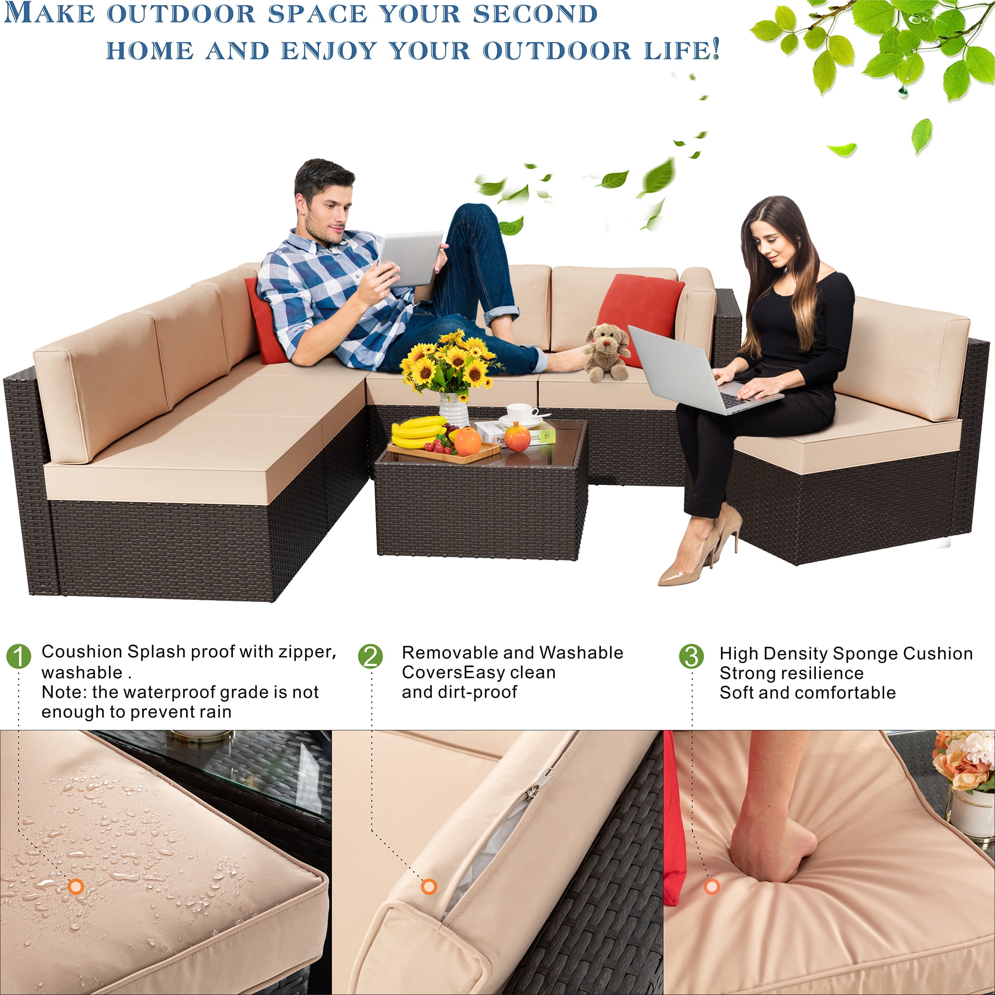 Patio Furniture Set, Walsunny 7 Piece All Weather Outdoor Sectional Sofa, Wicker Patio Conversation Set with Cushions and Tempered Glass Table for Backyard Porch, Khaki
