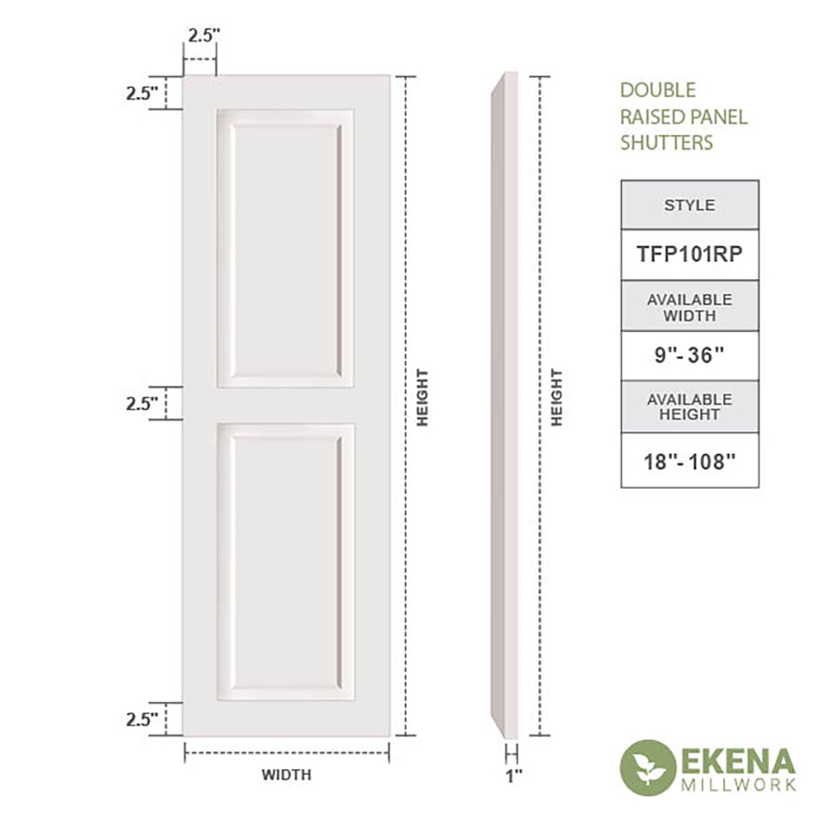 Ekena Millwork 15"W x 57"H True Fit PVC Two Equal Raised Panel Shutters, Moss Green (Per Pair - Hardware Not Included)