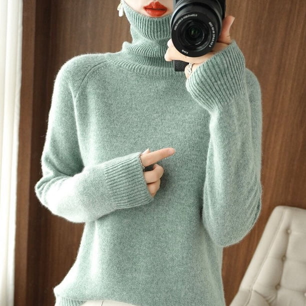 Suéter de solapa alta para mujer de otoño e invierno, camisa de manga larga para mujer, suéter de cuello alto adelgazante ajustado
