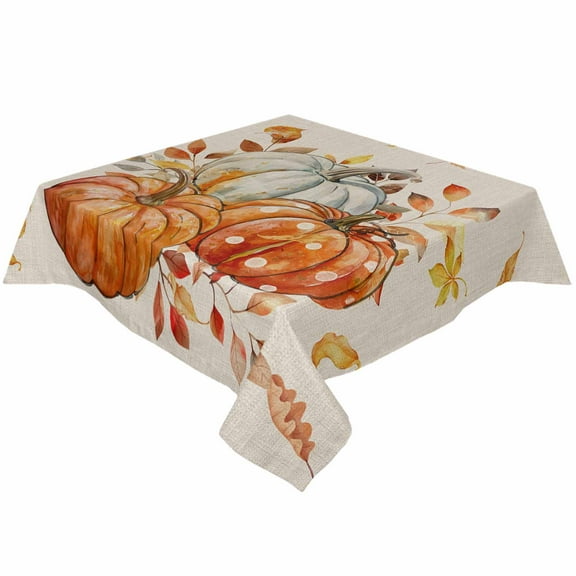Boho Orange White Pumpkin Square/Round Tablecloths 52x52,Thanksgiving Fall Maple Leaves Table Cloth Table Cover Indoor/Outdoor Tabletop Decor for Wedding Holiday Party Dinner Baby Shower