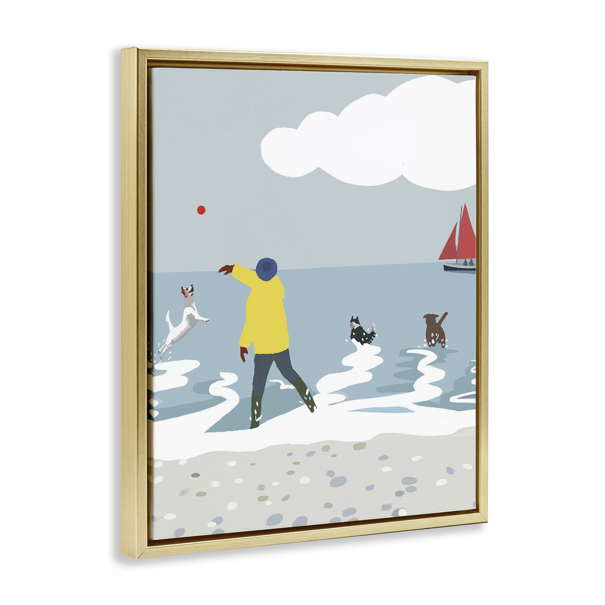 Stupell Industries Catching Ball on Beach Nautical & Beach Painting Gold Floater Framed Canvas Art Print Wall Art, 17 x 21