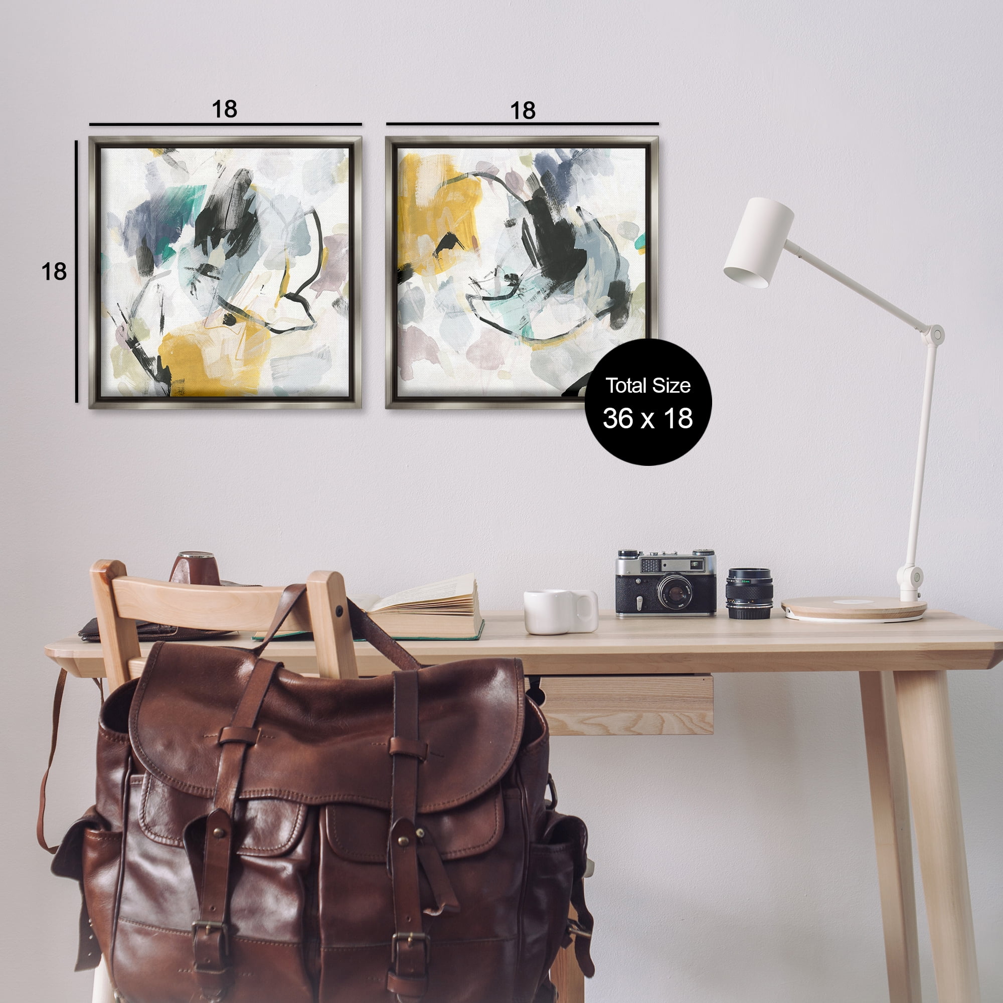Stupell Industries Black & Yellow Abstract Splash Abstract Painting Gray Floater Framed Canvas Art Print Wall Art, 18 x 18, Set of 2