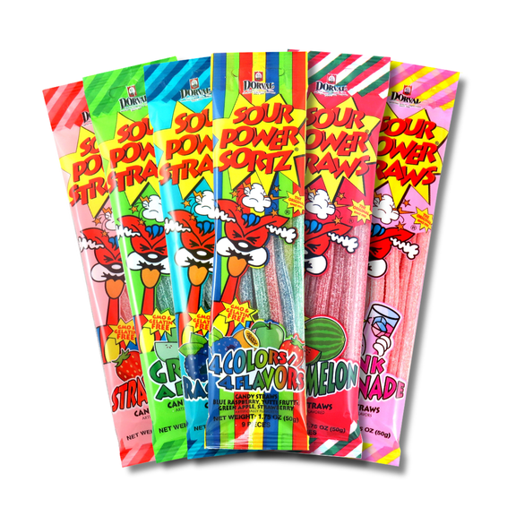 Sour Power Assorted Candy Straws, 1.75 oz (Pack of 6) Variety, Six Flavors Sour Straws Since 1985, Strawberry Green Apple Watermelon Rainbow Blue Raspberry, Vegan Soft Chewy, Non-GMO Gelatin Free