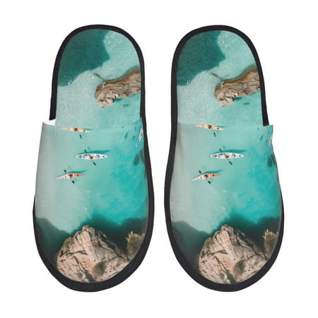 Balery Turquoise Beach Kayaking Slient Indoor Furry Fleece Comfort House Shoes Soft Non-Slip Home Shoes Cotton slippers House Slippers-- Medium