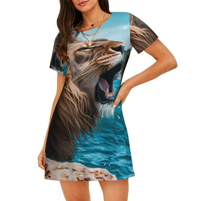 Easygdp Ice Blue Coastal Lion Camisón de manga corta para mujer, informal, estampado