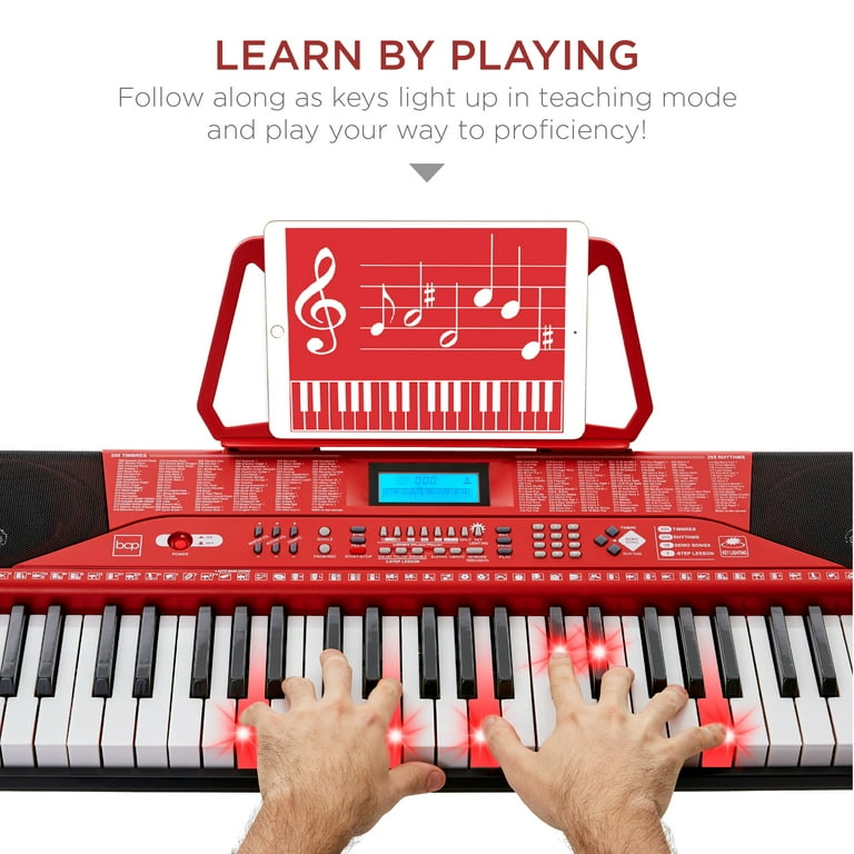 Best Choice Products 61 Key Beginners Complete Electronic Keyboard Piano Set w LCD Screen Lighted Keys Red