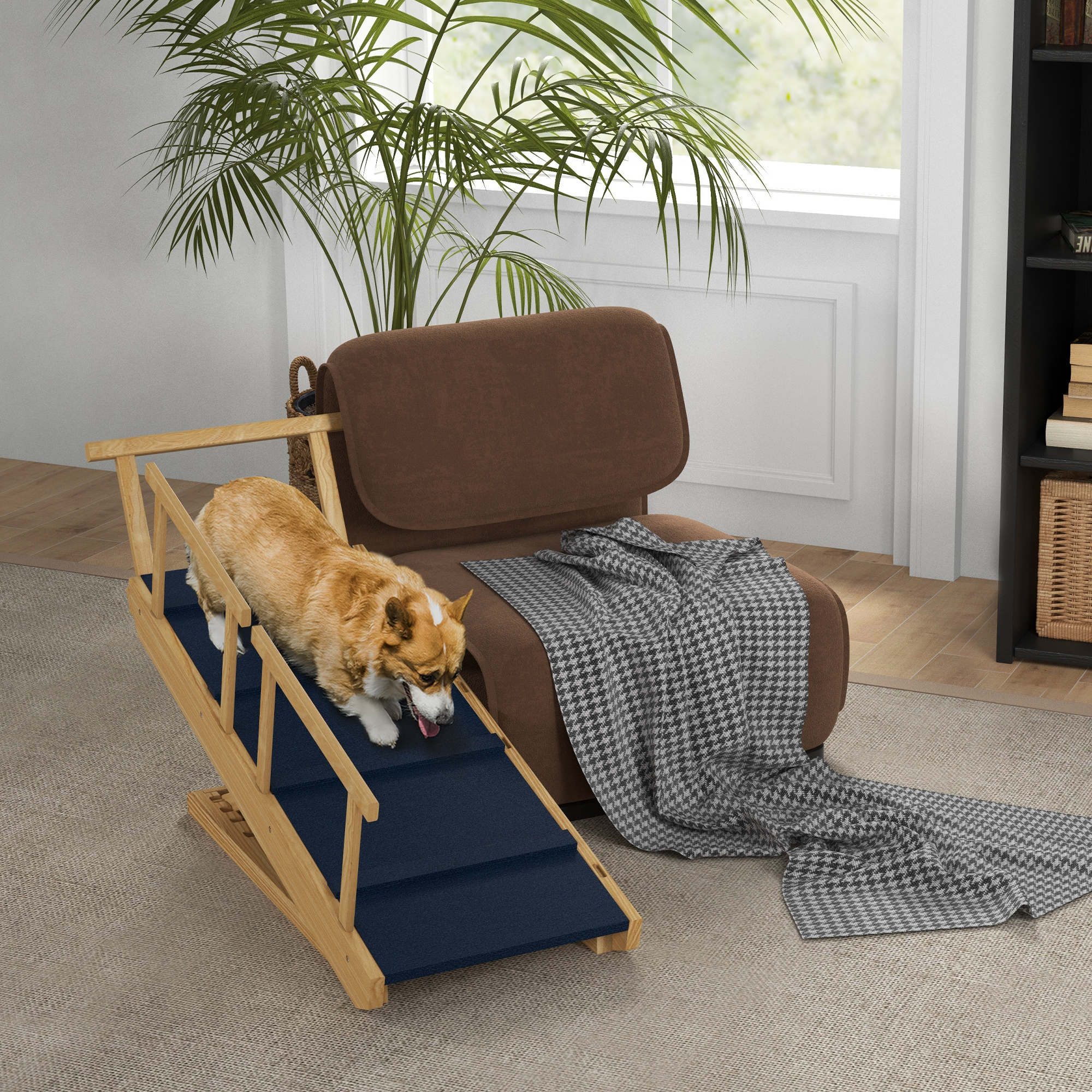 Dog Ramp, Adjustable 4 Height Pet Ramp, Foldable Wooden Dog Stairs with Non-slip Mat for Small to Large Dogs to Get on High Bed or Sofa Couch, Natural Wood Finish