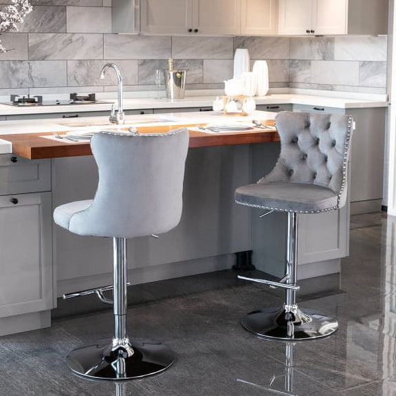 Knubmt Set of 2 Velvet Upholstered Bar Stools with Metal Frame, Adjusatble Height Swivel Barstools for Home, Dining Room, Gray   Silver