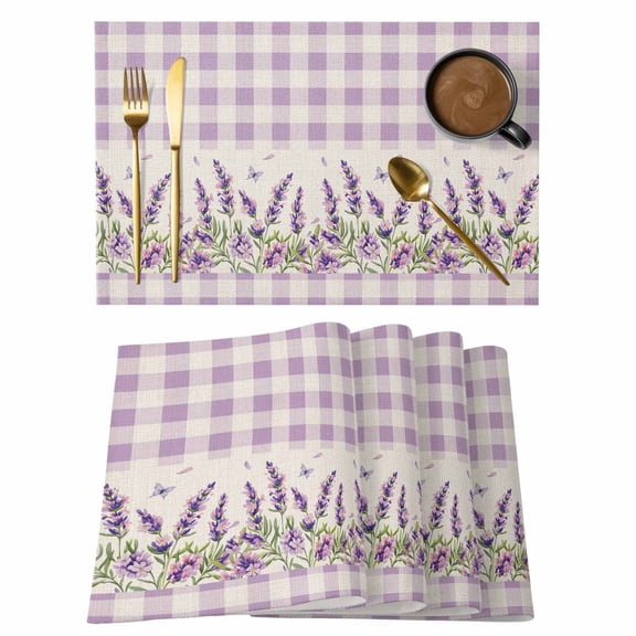 Purple Lavenders Placemats Set of 6, Spring Floral Plaid Farmhouse Rustic Placemats for Dining Table, Place Mats for Kitchen Tabletop, Waterproof Wipeable Dining Table Mats Set