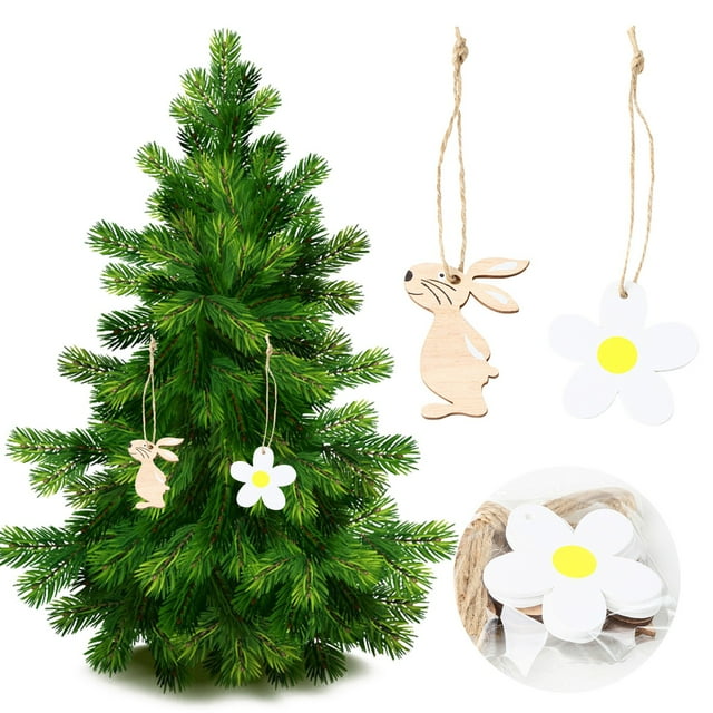 Xihbxyly Ofertas Prime Del Día Solo Hoy Conejito de Pascua de Madera con Flores Blancas, Decoración de Madera para El Hogar, Colgante Pequeño