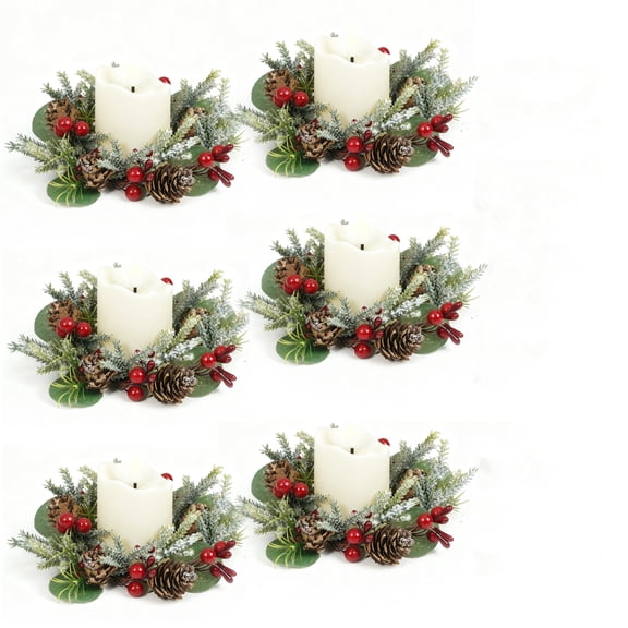 6PCS Candle Rings Set Christmas Candle Wreaths with  LED Candles Red Berries Pinecones Glass Cup for Table, Door, Cabinet, Window