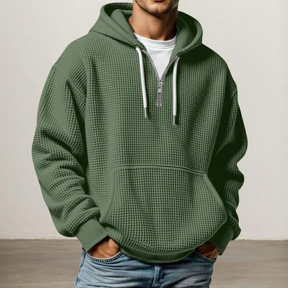 Letdown Mens Texture 1/4 Zip Up Hooded Sweatshirt, Casual Solid Waffle Long Sleeve Drawstring Hooded Pullover With Pockets Lightweight Casual Outdoor Athletic Tops (Army Green,L)