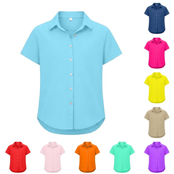 RUTAYY Boys Shirt Turndown Collar Short Sleeve Solid Color Full Button Front Curved Hem Everyday Wear Light Blue