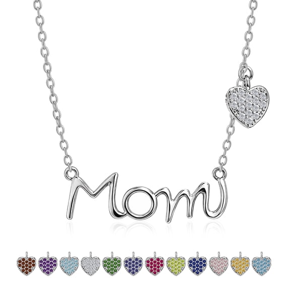 JeenMata Mom Pendant - Cubic Zirconia April Birthstone Decorated Heart Charm Pendant Necklace in 18K White Gold Plating, Mother's Day, Gift for MOM