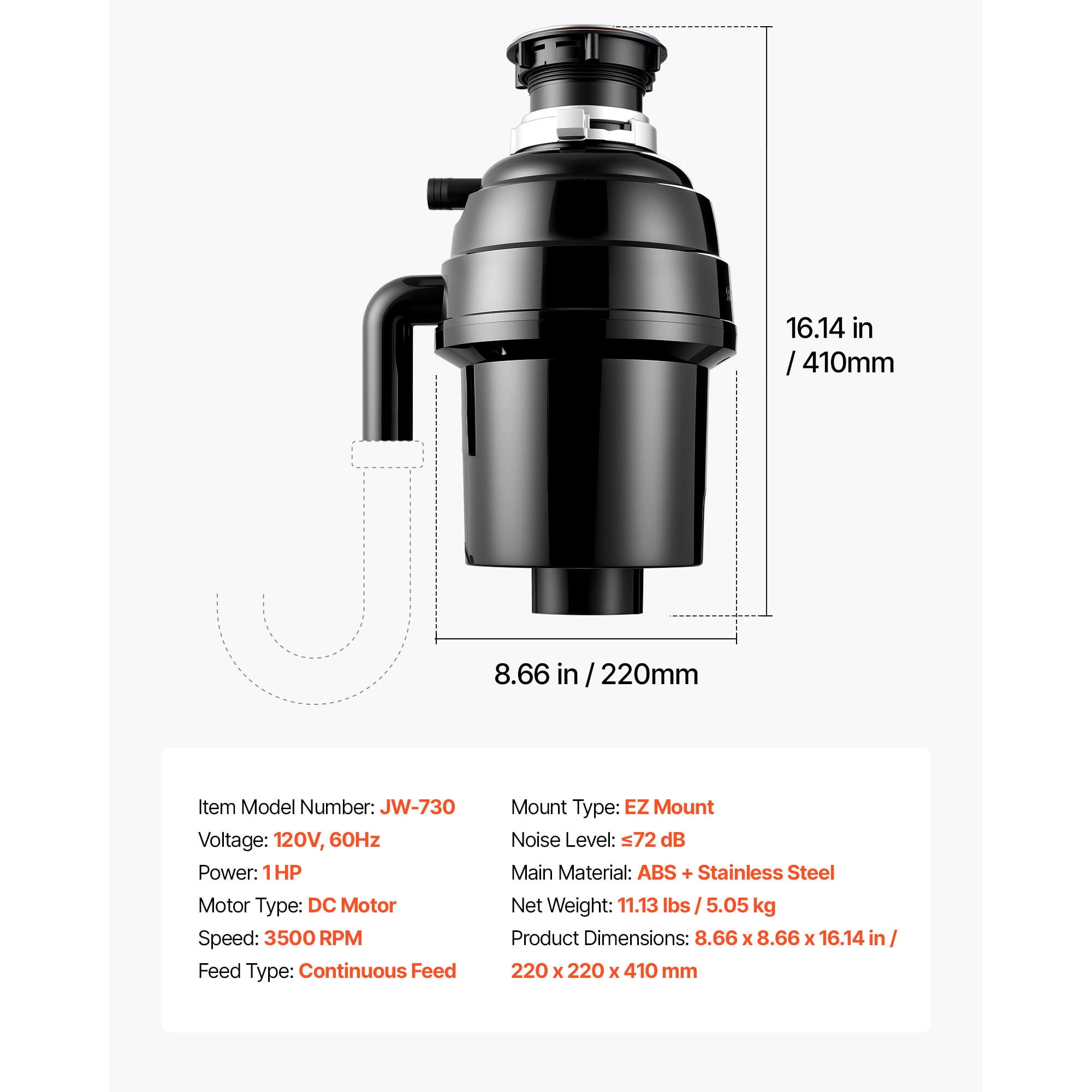 KFFKFF 1HP Food Waste Disposal Unit, 3500RPM DC Motor, Continuous Feed Kitchen Sink Grinder with Noise Reduction & Power Cord for Efficient Waste Management