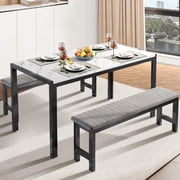 UHOMEPRO Dining Room Table Set, 3-Piece Marble Top Breakfast Nook Dining Table Set with 2 Upholstered Benches, Kitchen Table Set with Metal Frame, Modern Furniture for Home Cafeteria, White