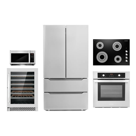 Cosmo 5 Piece Kitchen Appliance Package With 30" Electric Cooktop 30" Island Range Hood 24" Single Electric Wall Oven 30" Over-The-Range Microwave & French Door Refrigerator