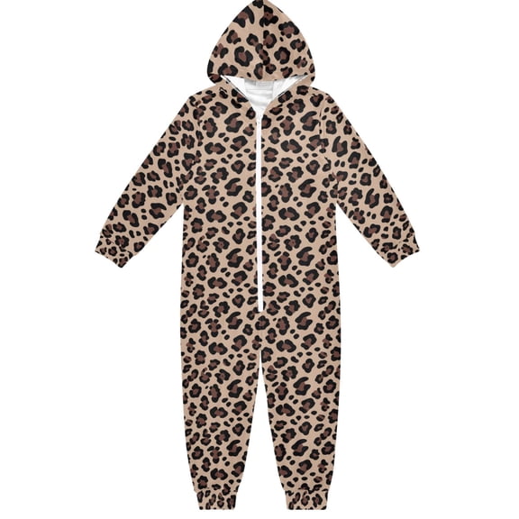 Brown Leopard Boys & Girls Hooded One-Piece Pajamas Warm Crystal velvet Hooded Long Sleeve Loungewear Jumpsuit Unisex