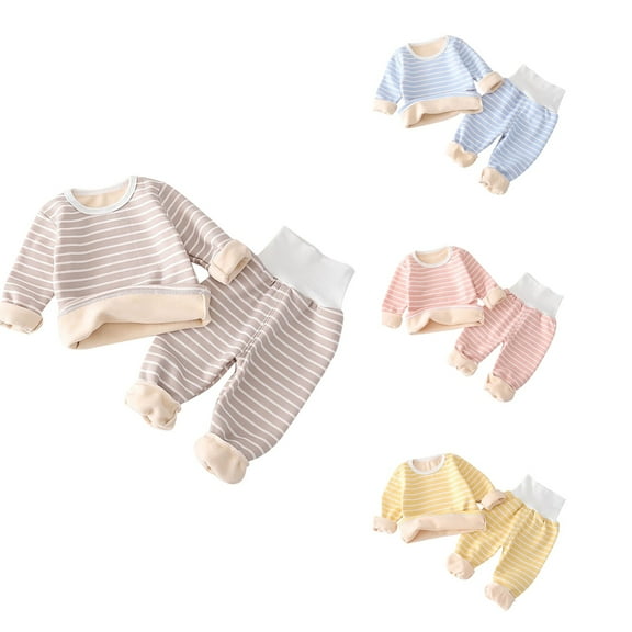 Ahuyic Toddler Kids Casual Fashion Outfits, Autumns And Winter Solid Color Top And Pants Set For Kids, Children's Casual Striped Underwear High Waisted Long Pants Two-piece Set