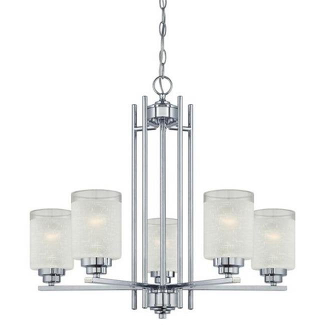 5 Light Chandelier Chrome Finish with White Linen Glass and Translucent Band
