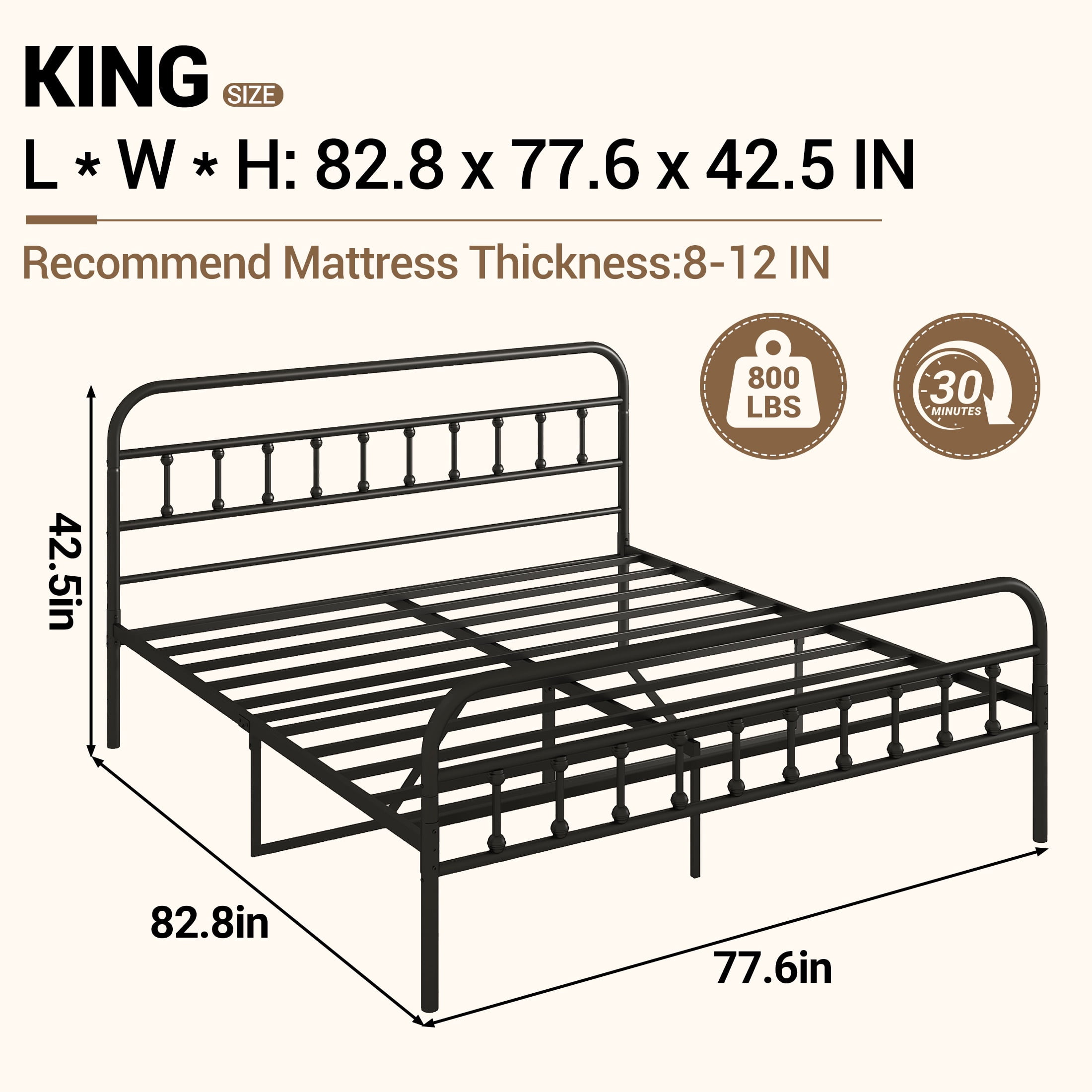 King Bed Frame with Headboard and Footboard, UHOMEPRO Metal Bed Frame with Vintage Victorian Style, Easy Assembly & No Box Spring Needed, Black