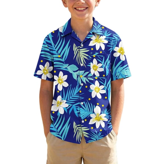 Ugoldhm Children's Printed Short-Sleeve Shirts Cuban-Collar Single-Button Beach Vacation Floral Shirts Boys' Casual Open-Front Tops