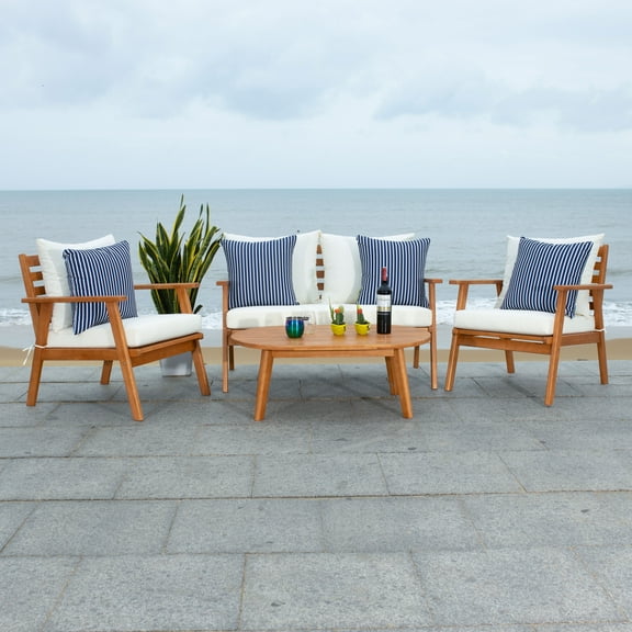 Safavieh Deacon 4-Pc Wood/Polyester Outdoor Living Set in Natural/Navy Striped