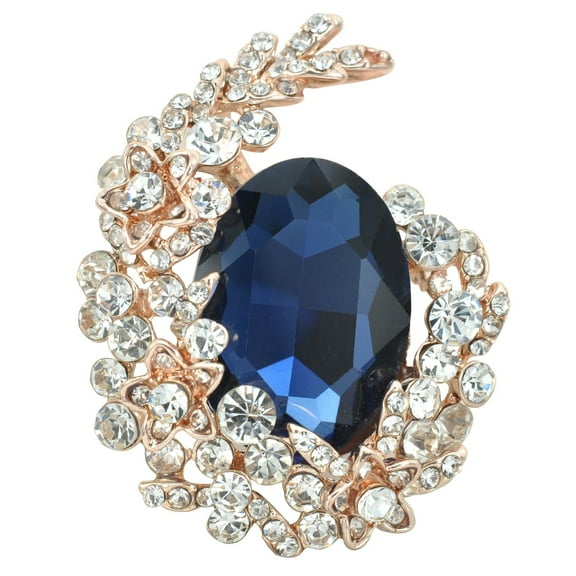 Gyn&Joy Floral Wreath Blue, Crystal Rhinestone Cluster Brooch Pin, Gold Tone