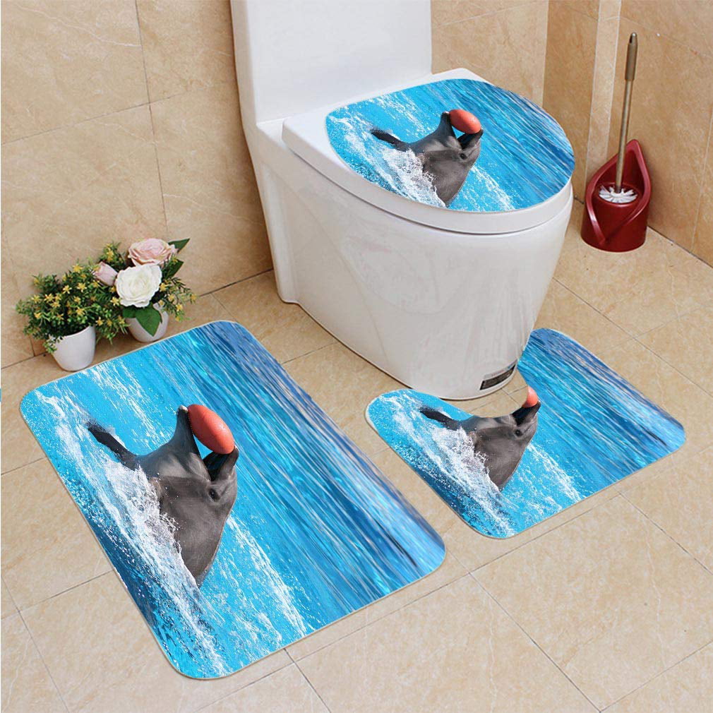 3 Pcs/Set Bathroom Mat Flannel Dolphin Soft Decoration Carpet Toilet Cover Rug 