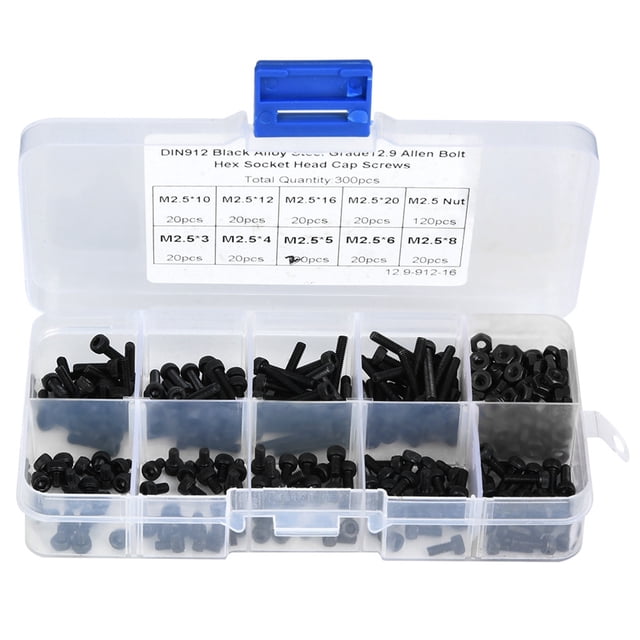 Tornillos de cabeza hueca hexagonal de acero de aleación negra de grado 12,9, 300 unidades, M2,5 x 3-20 mm, con tuerca.