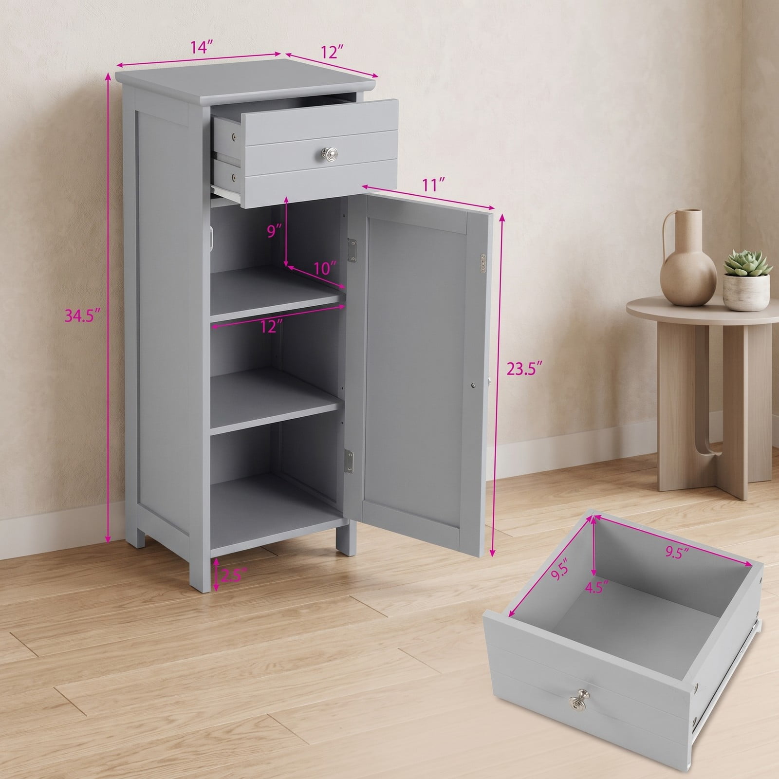 ALPULON Wooden Bathroom Floor Storage Cabinet with Drawer and Adjustable Shelf, Freestanding MDF Side Organizer for Bathroom Entryway Living Room, Gray