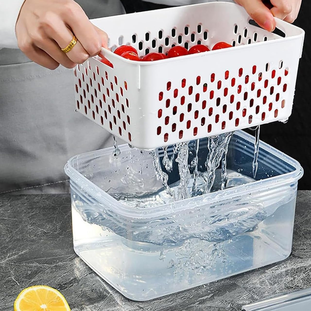 Food Storage Containers For Fridge With Removable Colander, BPA Free Produce Saver, Transparent Fruit Box with Drain Basket for Veggies and Kitchen