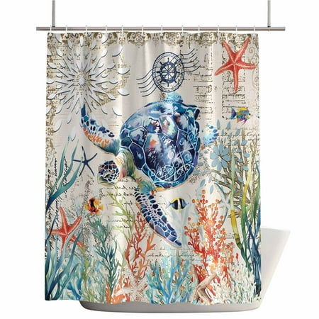 Shower Curtains for Bathroom-72"x72",Vintage Ocean Turtle Coral Starfish Waterproof Bath Curtain Grommet Shower Curtain Set with Hooks,Coastal Nautical Compass Washable Bath Accessories