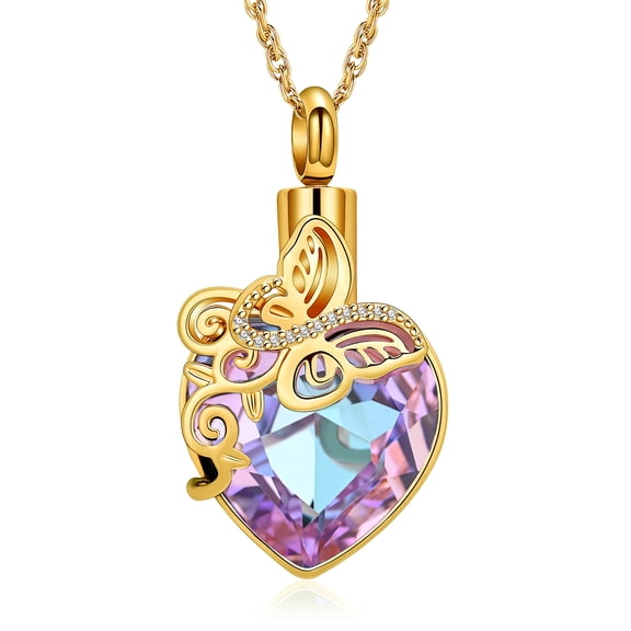 Butterfly Stone Heart Urn Pendant Cremation Jewelry for Ashes Keepsake Memory Necklace Women Elegant Beautiful Memorial Jewelry