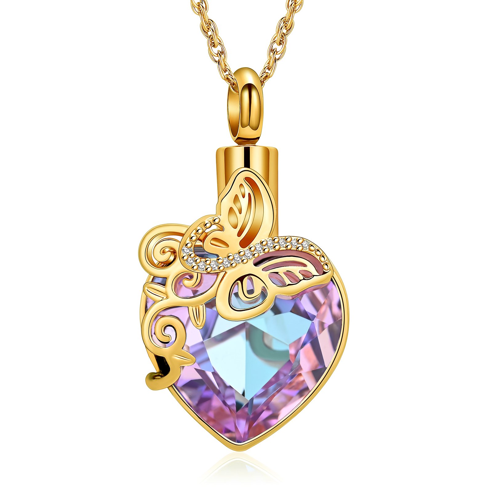 Butterfly Stone Heart Urn Pendant Cremation Jewelry for Ashes Keepsake Memory Necklace Women Elegant Beautiful Memorial Jewelry