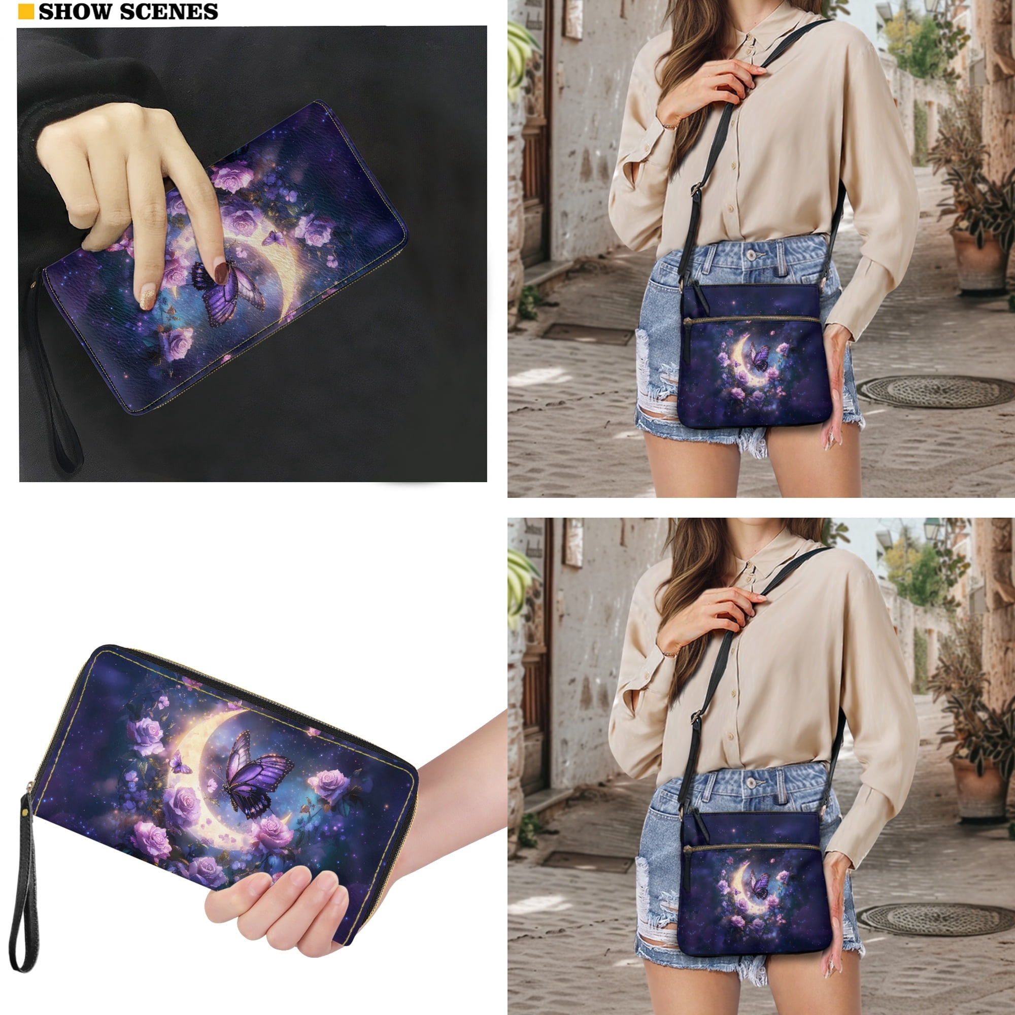 ZUXONGSY Butterfly Moon Rose Galaxy Print Stylish Crossbody Hobo Purse & Wallet Set for Women, PU Leather Satchel with Adjustable Strap for Travel & Daily Use