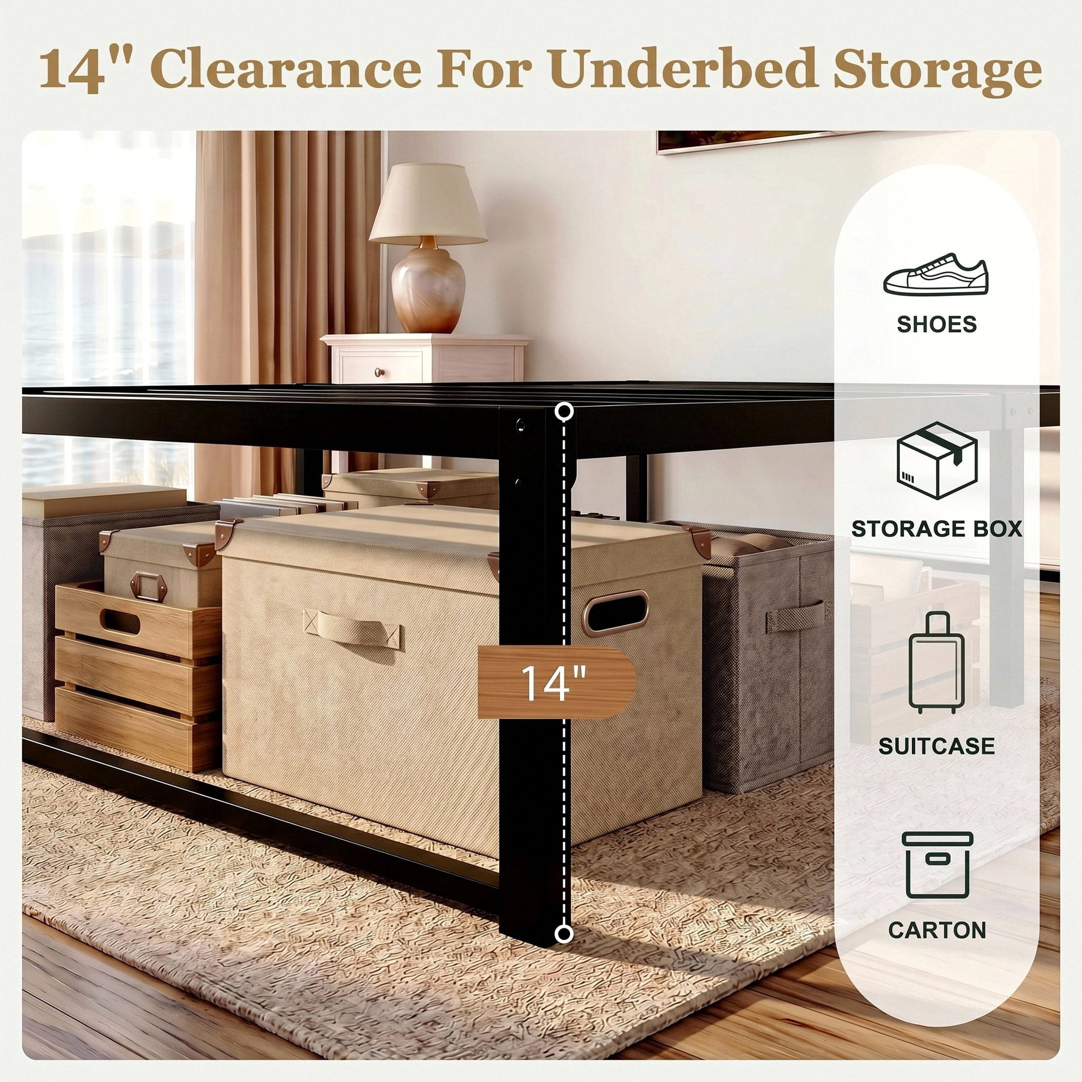 Sifurni King Size Heavy Duty Metal Platform Bed Frame, 14 Inches Under-Bed Space, No Box Spring Needed, Black