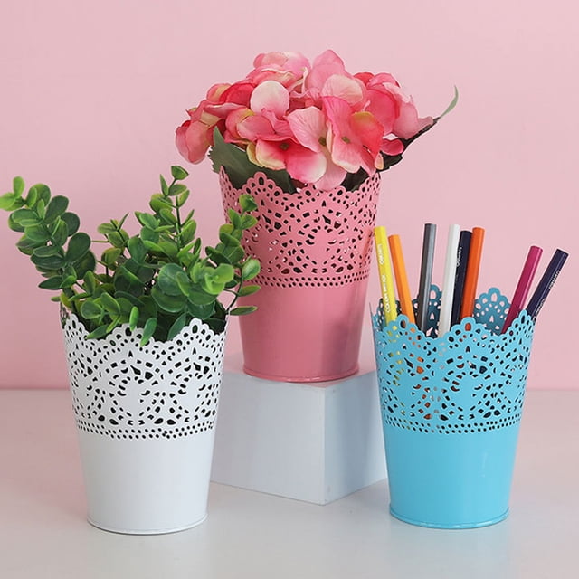 Multi-functional Cut out Design Metal Plant Pot Bucket Candy Color Hollow Flower Pot Desk Makeup Brush Holder