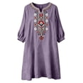 thumbnail image 4 of Casual Dresses for Women Sawvnm Women's Boho Embroidered Tunic Dress V Neck 3/4 Sleeve Casual Loose Mini Dress For Summer Beach, 4 of 6
