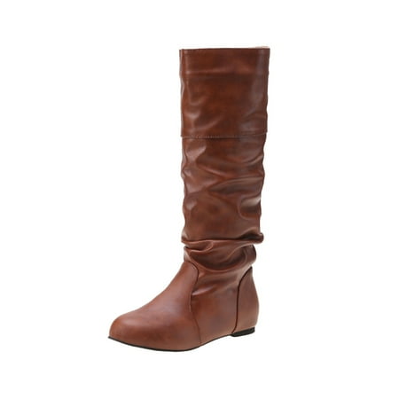 

UKAP Womens Fashion Flat Boot Office Non Slip Stretchy Slouchy Mid Calf Boots Brown 5.5