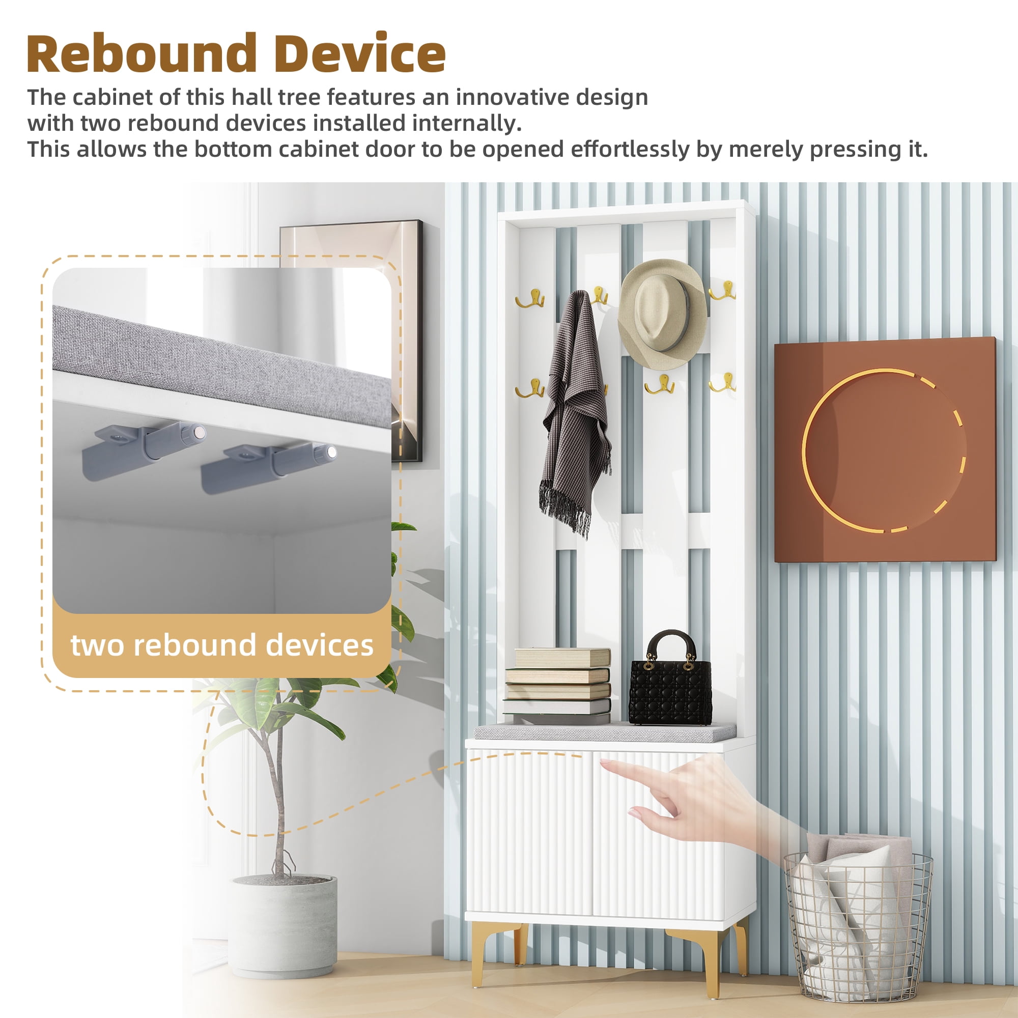 MAYEERTY 4-in-1 Hall Tree: Modern Entryway Bench with Cushion, 8 Gold Hooks, Adjustable Shelves, White
