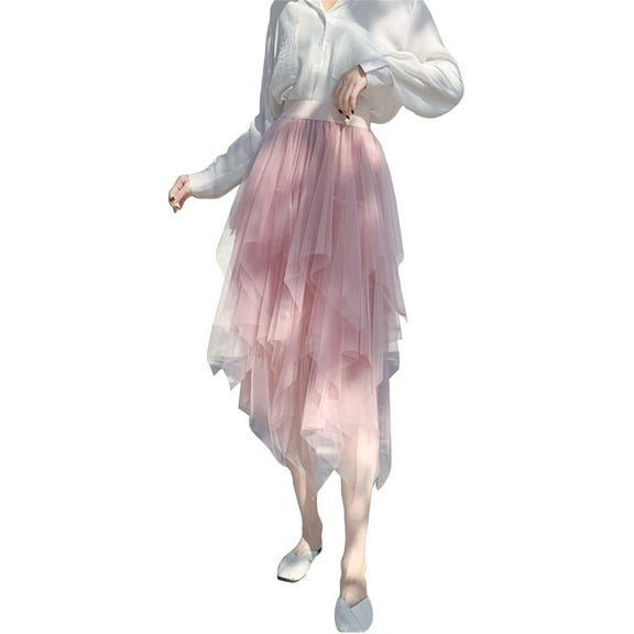 Women's Tulle Skirt High Low Asymmetrical Hem Elastic Waist Midi Long Fairy Skirt A-Line Mesh Layered Tutu Skirt