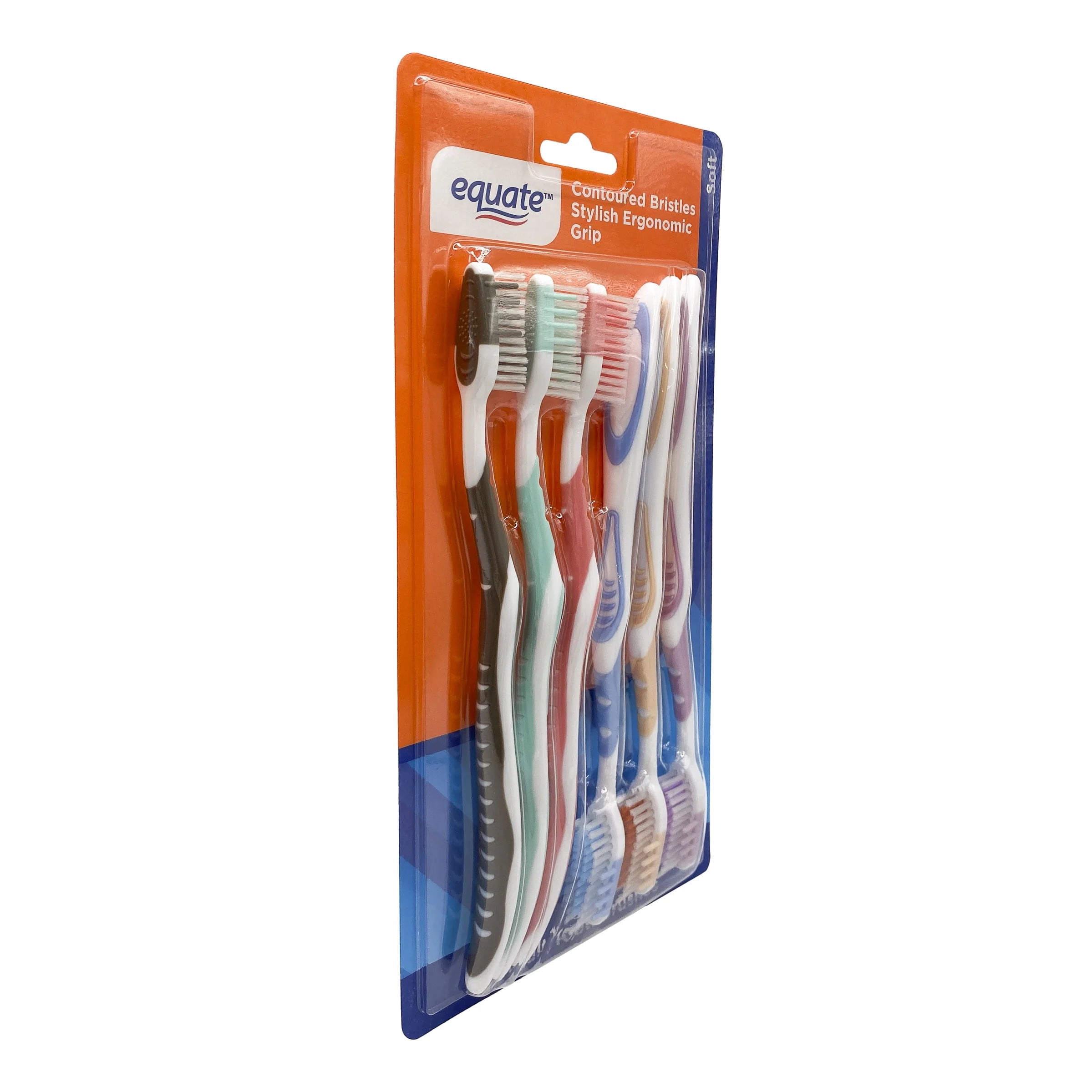 Equate Manual Toothbrushes with Contoured Bristles and Ergonomic Grip, Soft, 6 Count