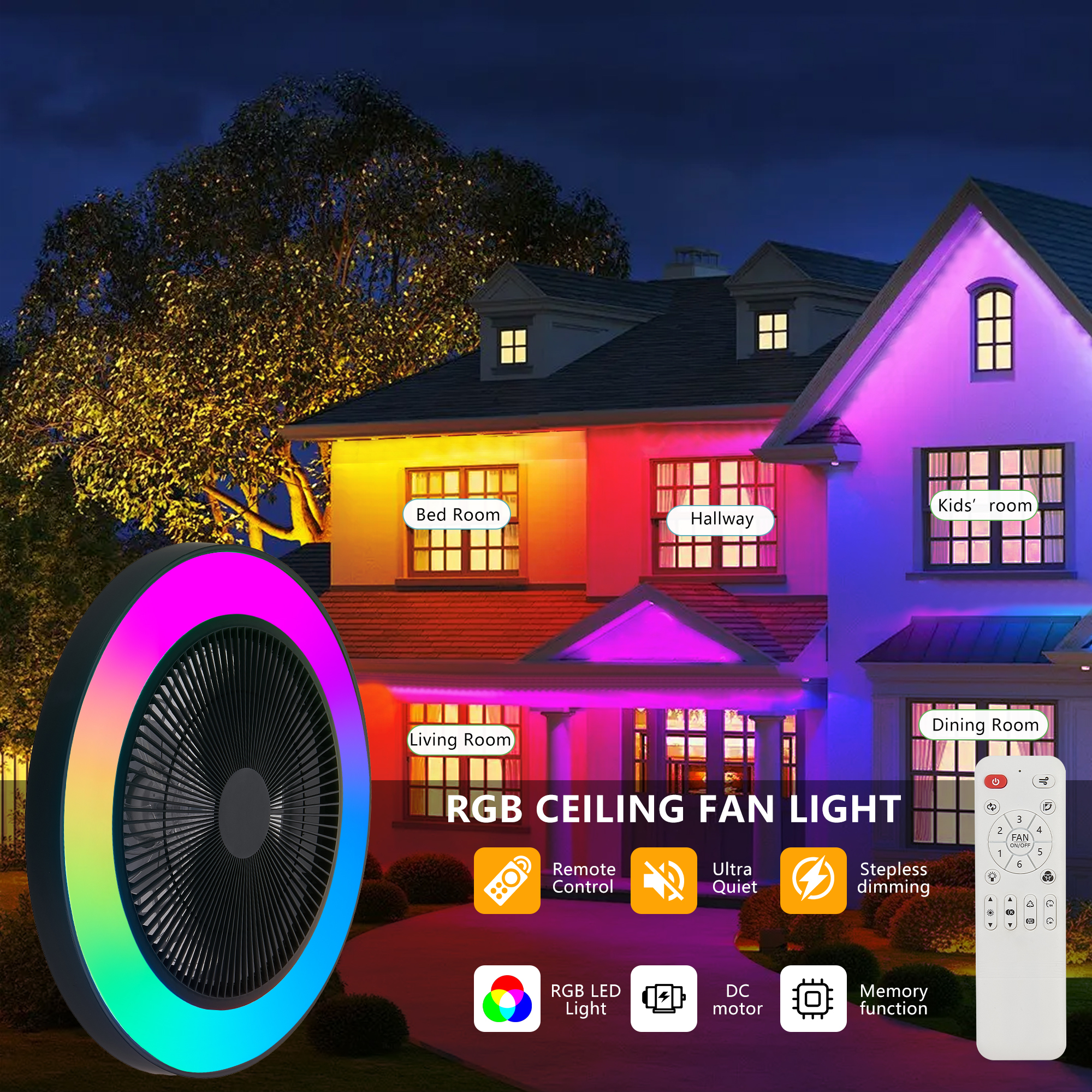 Leumius 19" Black Ceiling Fan Light with LED RGB, Dimmable & Color-Changing, APP & Remote Control, Modern Smart Ceiling Fan for Living Room Bedroom and Dining Room