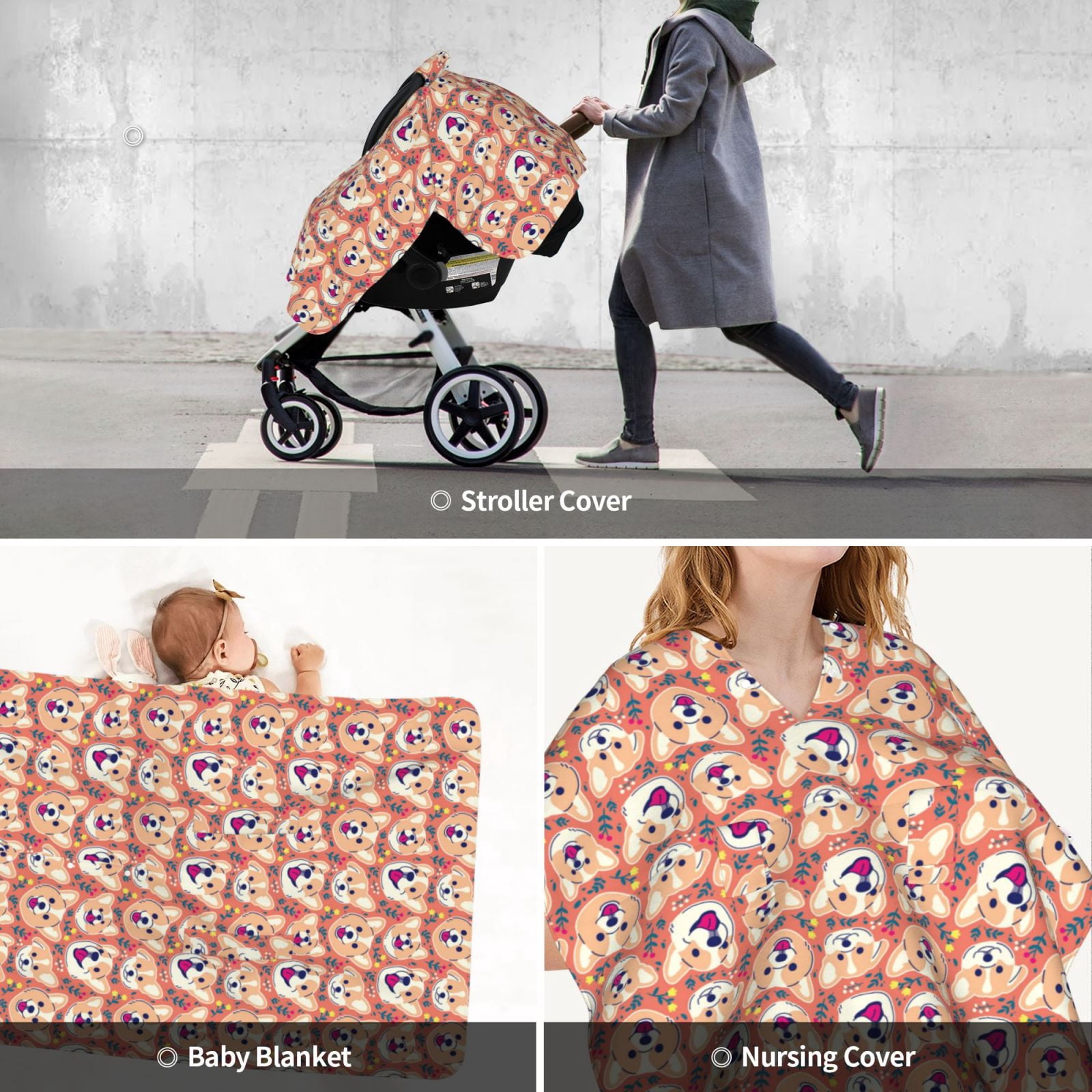 Car Seat Cover Baby - Corgi Head with Floal Breathable Infant Car Seat Cover for Baby Carseat, Lightweight Comfort Baby Essentials Must Haves Newborn Stuff for Girl Boy