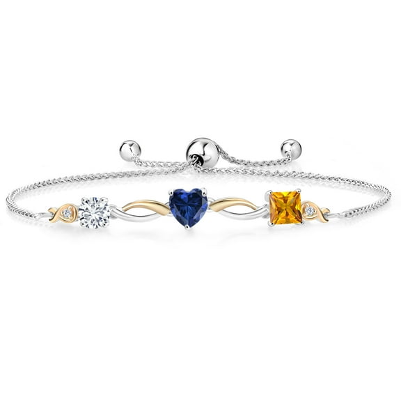 Gem Stone King Keren Hanan 1.90 Ct E-F Lab Grown Diamond Blue Created Sapphire 925 Silver and 10K Yellow Gold Bracelet for Women